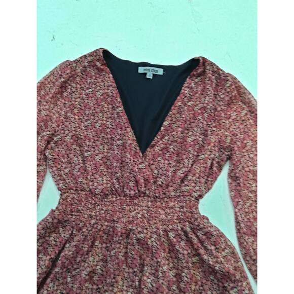 Coquette burgundy/pink Ditzy Floral dress mock waist, tiered Romantic Boho sheer - Picture 5 of 8